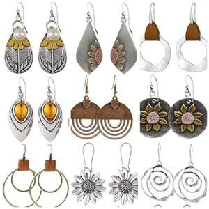 10 Prs Boho Flower Loops Leather Accent Silver Tone Dangle Fish Hook Earrings